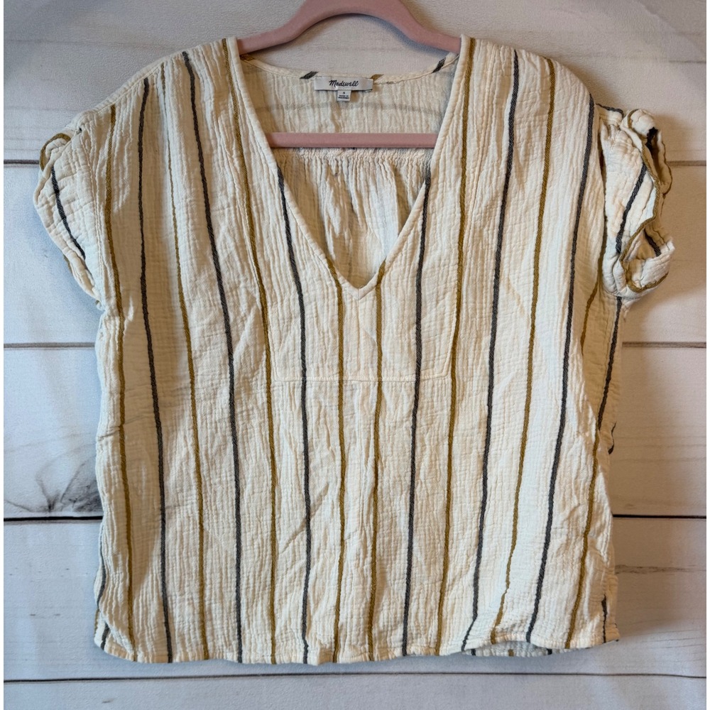 Madewell Women Small Striped Cotton Gauze V-Neck Short Sleeve Top Cream Olive